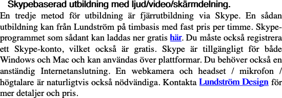  Skypebaserad utbildning med ljud/video/skärmdelning. En